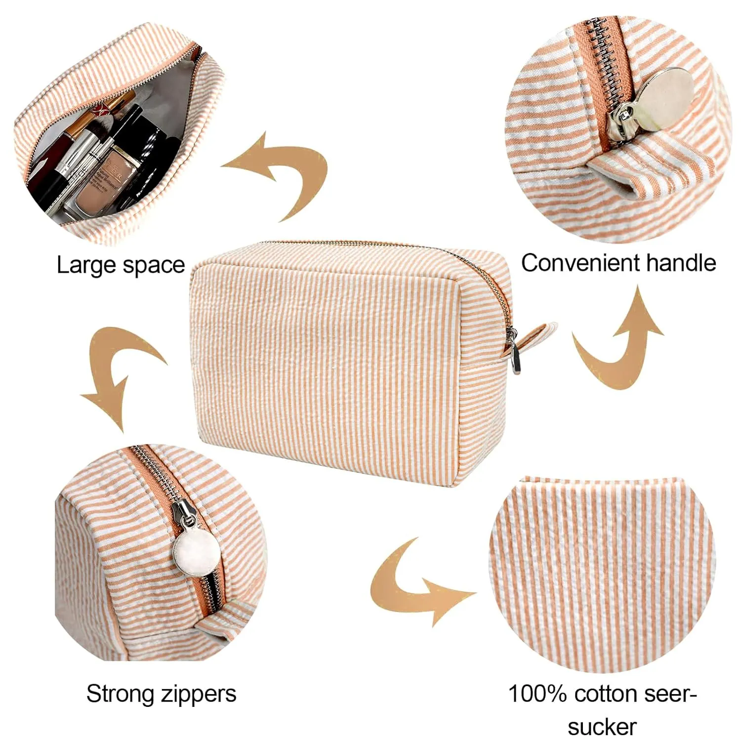GFU Cosmetic Bags for Women, Seersucker Cosmetic Bag, Travel Toiletry Stripe Makeup Bag, Large Women Aesthetic Organizer Storage Pouch, Girls Handbags Purses, Orange