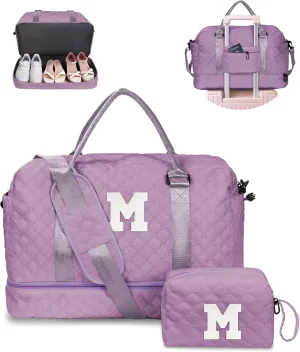Gifts for Daughter - Personalized Travel Bag with Shoe Compartment, Monogram Overnight Bag for Women, Sister Friend Girlfriend Gifts (Letter M)