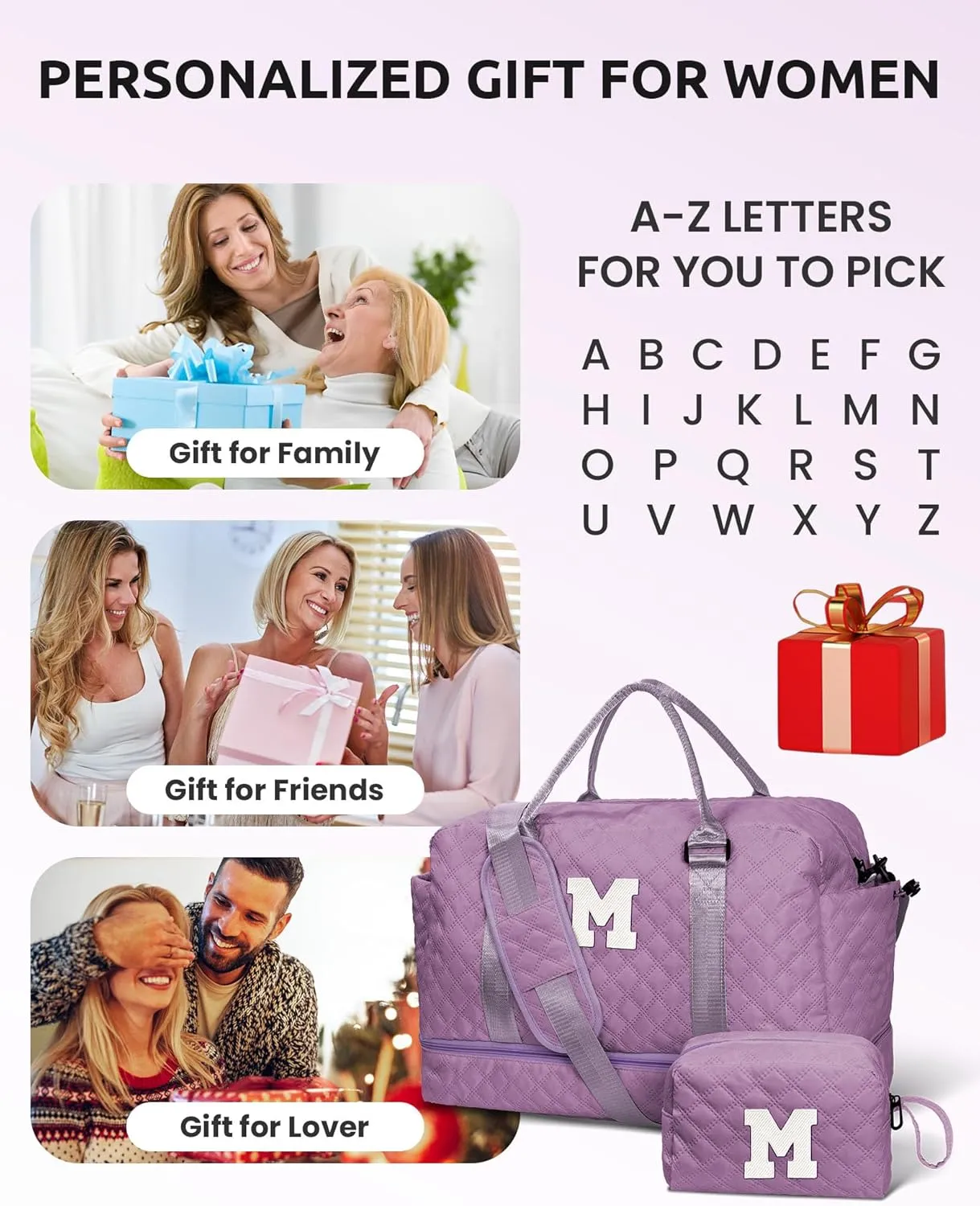 Gifts for Daughter - Personalized Travel Bag with Shoe Compartment, Monogram Overnight Bag for Women, Sister Friend Girlfriend Gifts (Letter M)
