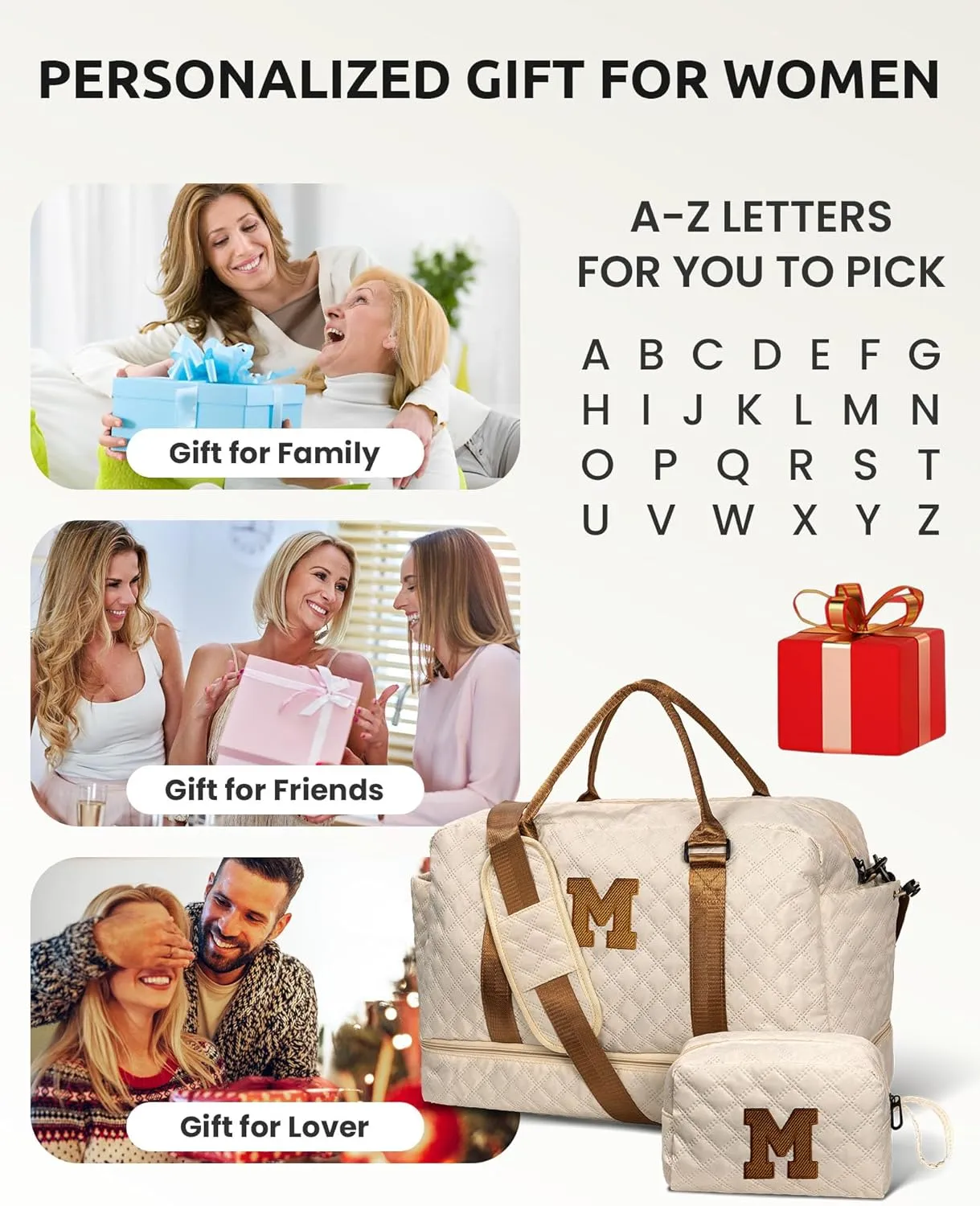 Gifts for Girls-Initial Duffle Bag with Shoe Compartment, Personalized Weekender Bag, Monogram Overnight Letter Travel Bag with Makeup Pouch, Tween Girls Trendy Stuff Gift (Letter B)