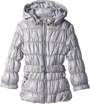 Girls' Little Puffer Coat with Belt and Rhinestones