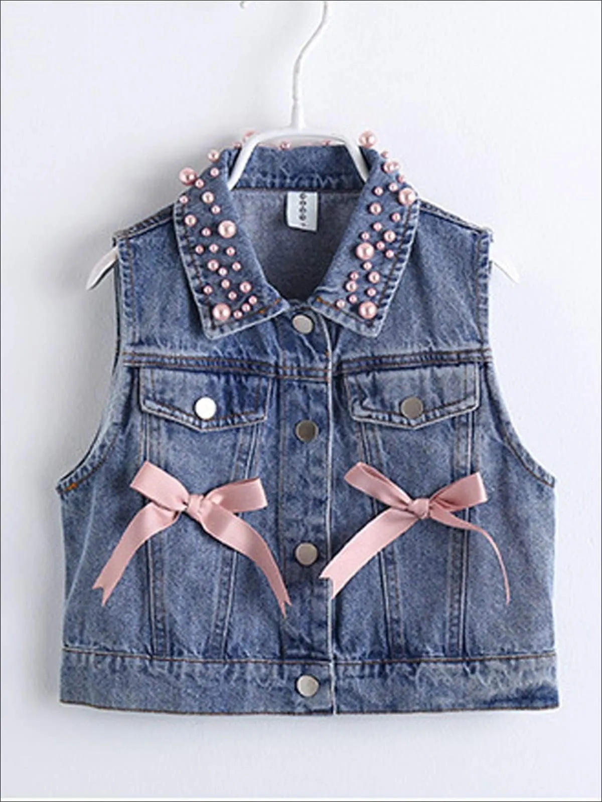 Girls Pink Long Sleeve Tutu Dress with Pearl Embellished & Bow Denim Vest