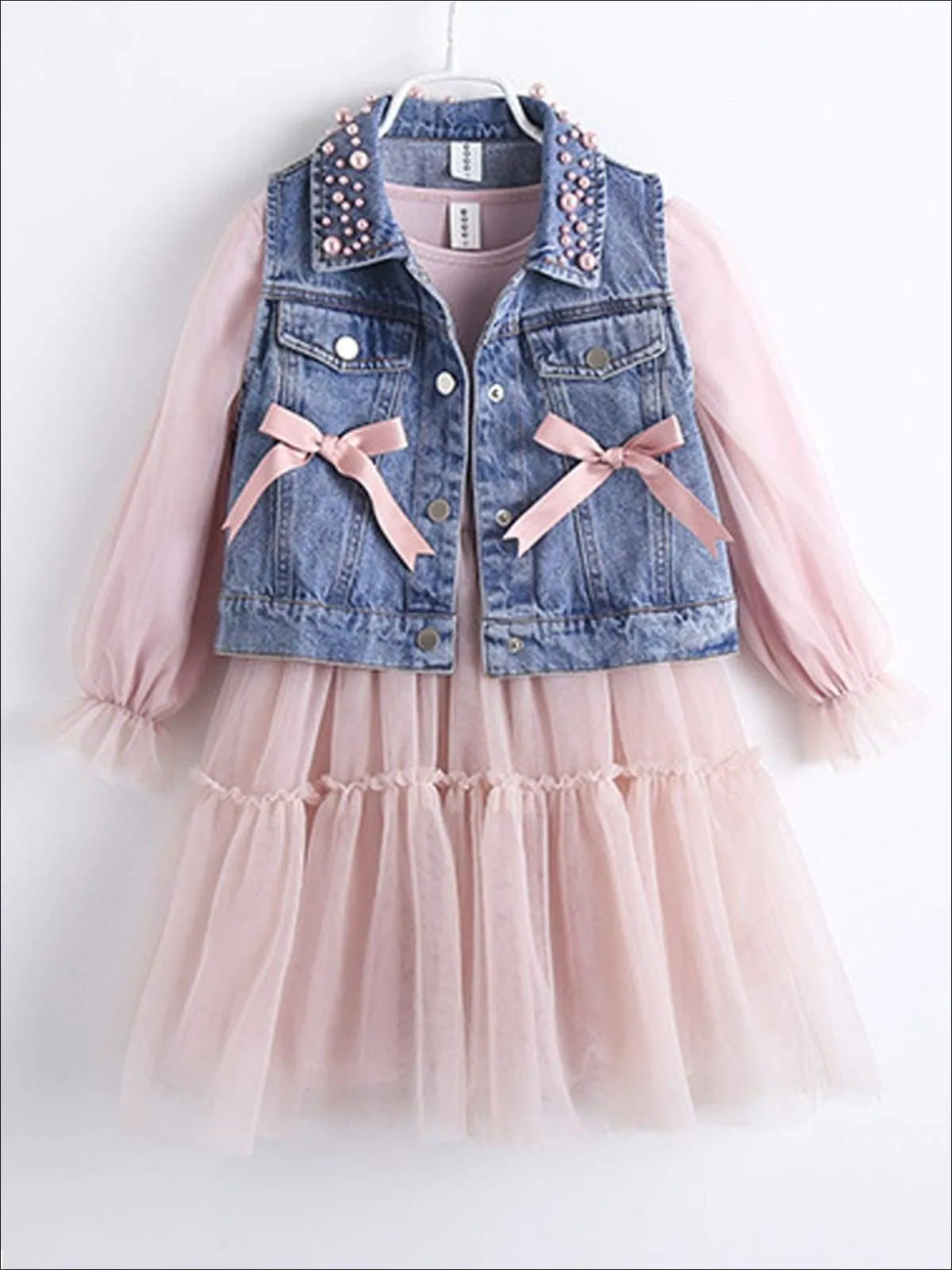 Girls Pink Long Sleeve Tutu Dress with Pearl Embellished & Bow Denim Vest