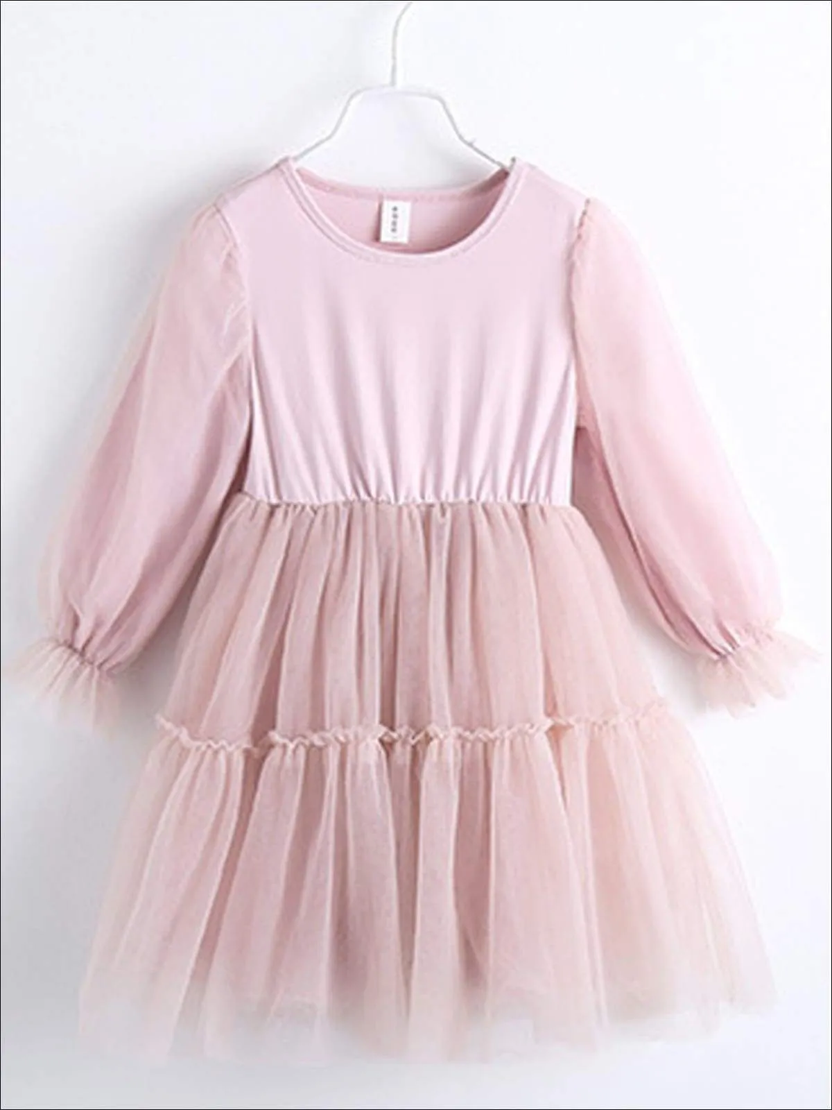 Girls Pink Long Sleeve Tutu Dress with Pearl Embellished & Bow Denim Vest