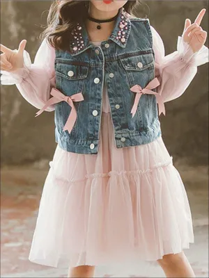 Girls Pink Long Sleeve Tutu Dress with Pearl Embellished & Bow Denim Vest