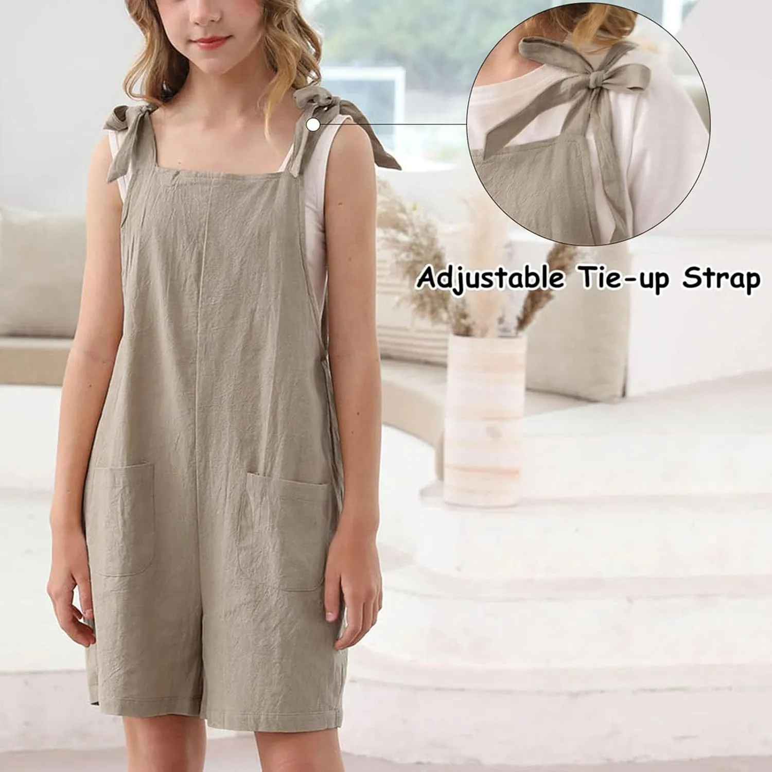 Girls Romper Sleeveless Adjustable Tie-Up Strap Short Jumpsuit Teen One-piece Trendy Clothes Kids Cute Bow Summer