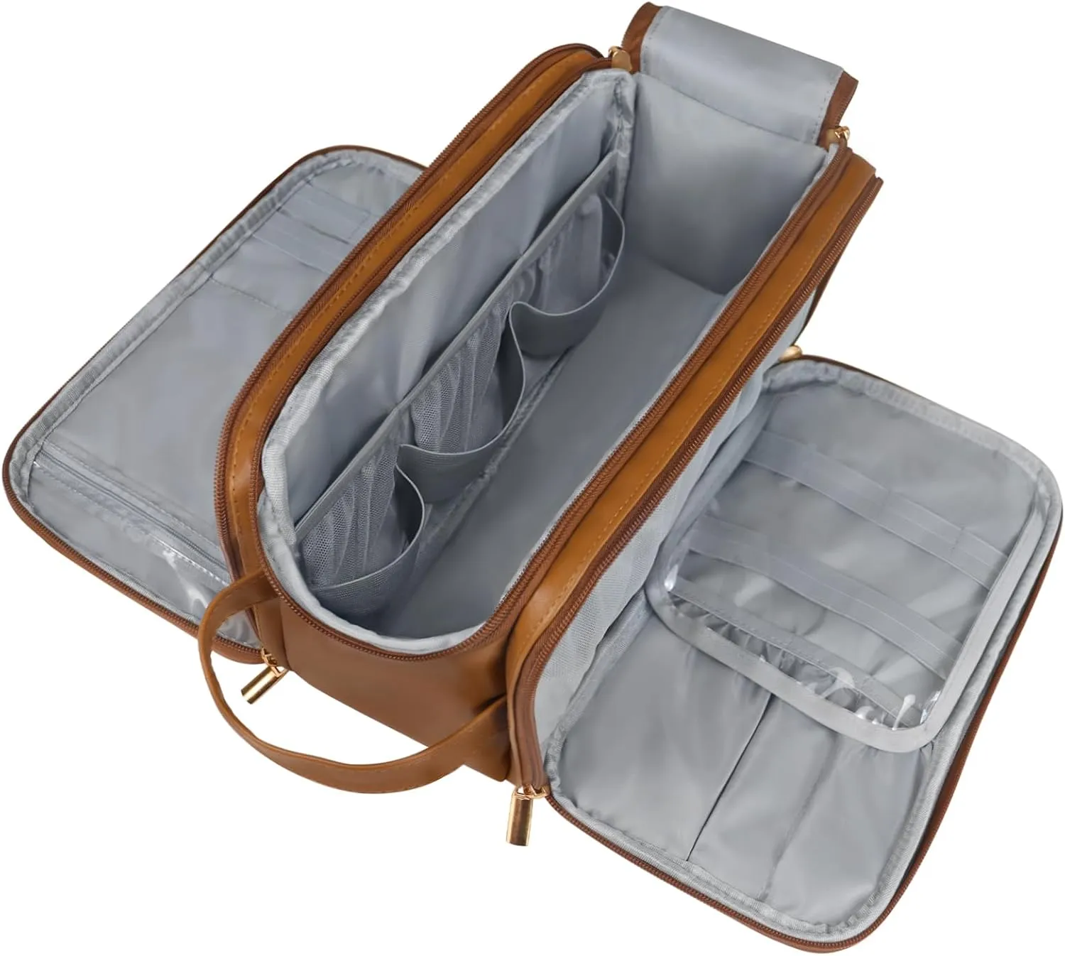 Gloppie Premium PU Leather Travel Toiletry Bag for Men & Women - Waterproof, Lightweight Shaving Dopp Kit with Trolley Sleeve & Razor Organizer, Makeup Travel Bag for Business, Gym, Daily Use (Brown)
