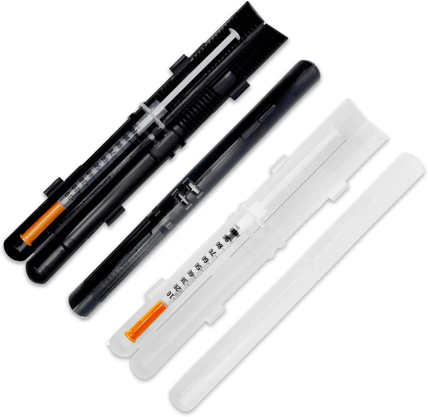 GMS 60cc Syringe Case - Holds New, Prefilled & Used Syringes with Needles - Small & Discreet - Ideal for Travel - Sharps Container - 2 Pack - Black and Clear