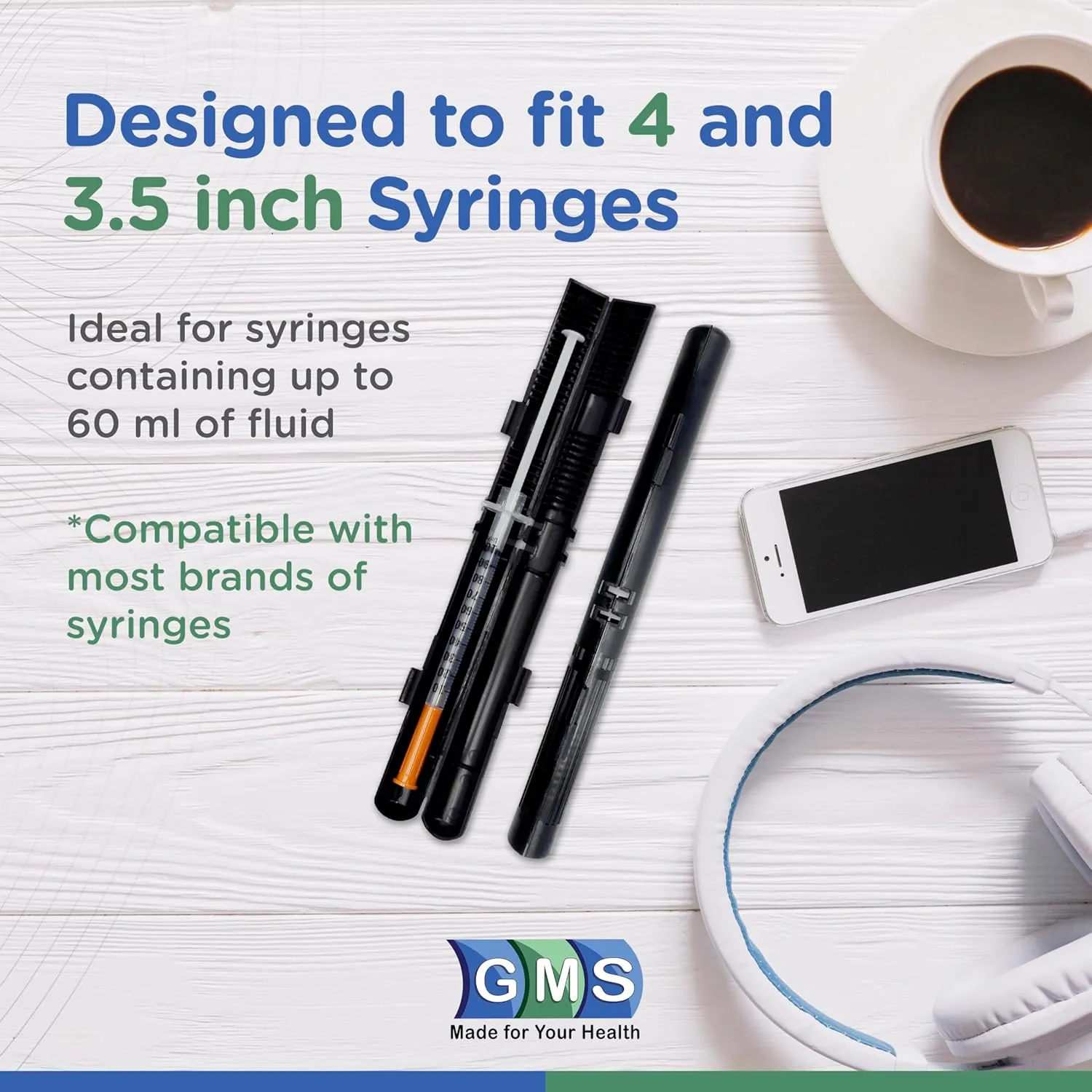 GMS 60cc Syringe Case - Holds New, Prefilled & Used Syringes with Needles - Small & Discreet - Ideal for Travel - Sharps Container - 2 Pack - Black and Clear