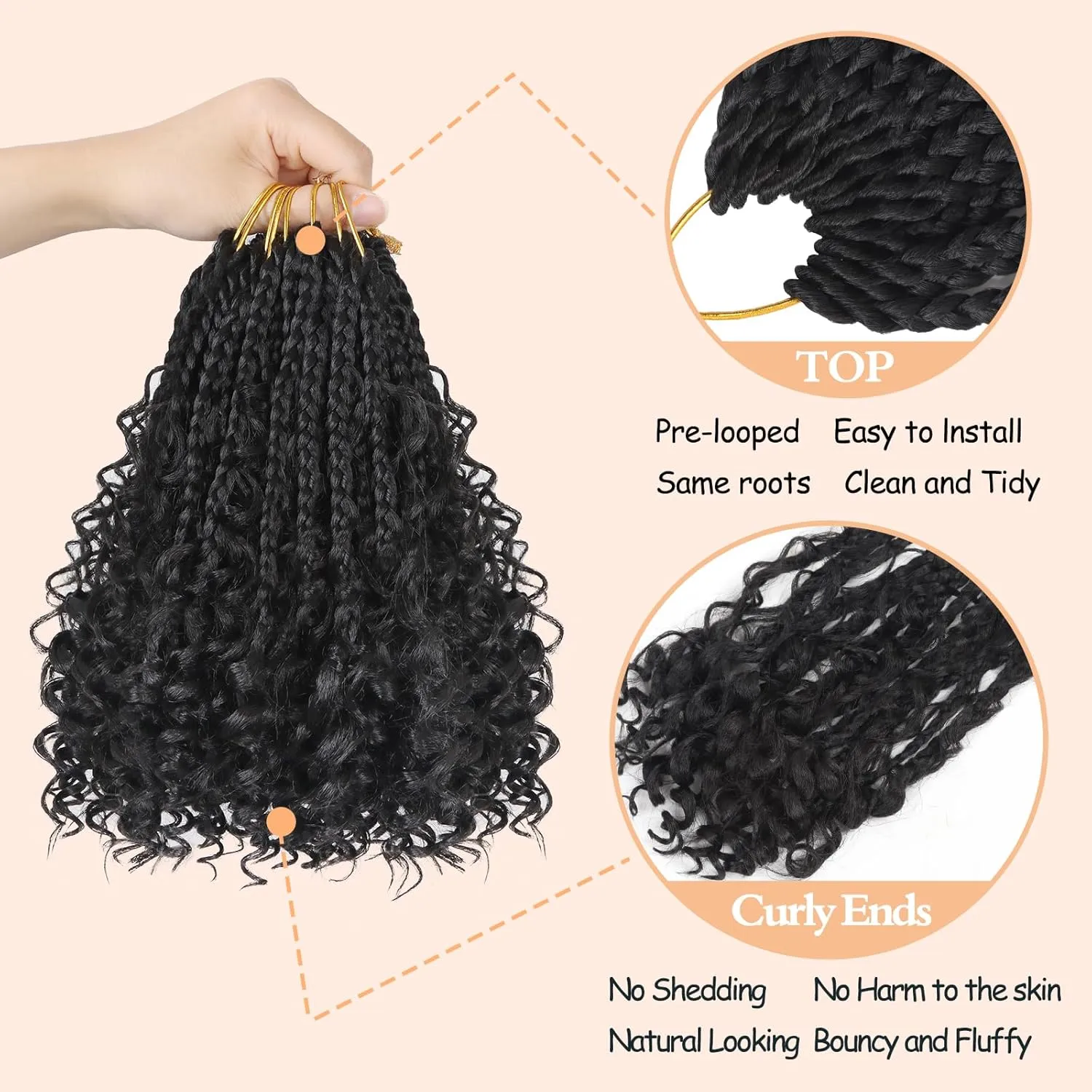 Goddess Box Braids Crochet Hair 1B - 8 Inch Pre Looped Boho Crochet Braids with Curly Ends, 8 Packs Crochet Hair for Black Women Boho 3X Synthetic Braiding Hair Extensions
