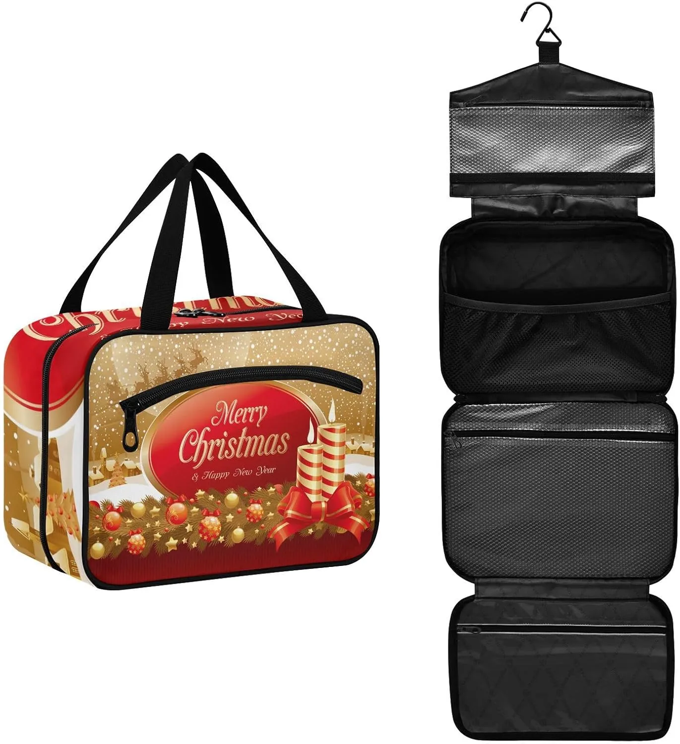 Gold Christmas Balls Candle Toiletry Bag Travel Bag Hanging Cosmetic Bag for Women - Medium