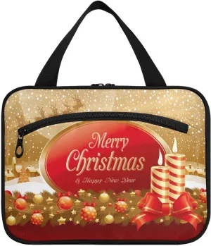 Gold Christmas Balls Candle Toiletry Bag Travel Bag Hanging Cosmetic Bag for Women - Medium
