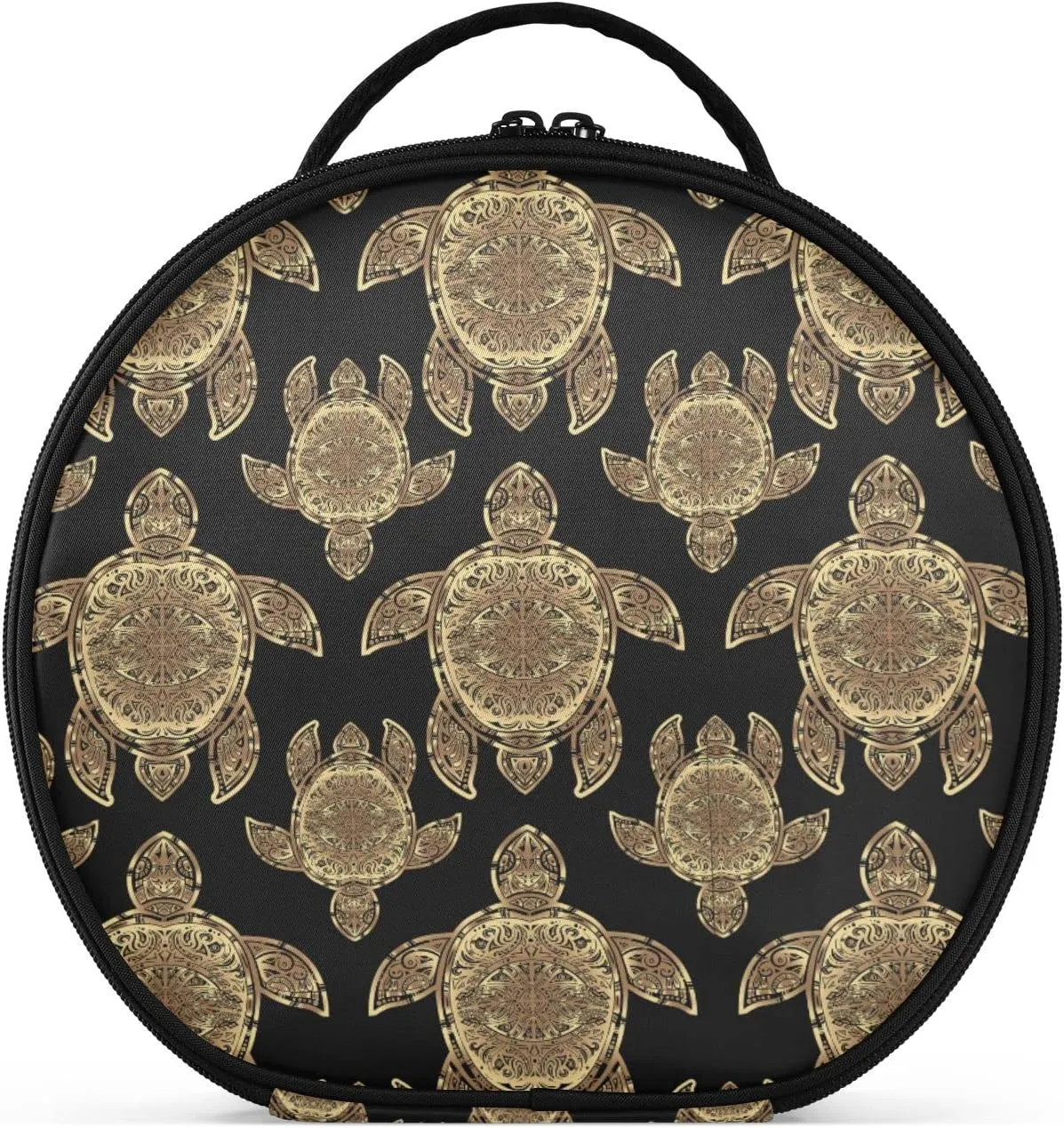 Gold Sea Turtle in Indigenous Tribal Polynesian Maori Tattoo on Dark Women's Portable Round Makeup Bag with Handle, Cosmetic Bag, Adjustable Dividers, Travel Cosmetic Storage 11 x 3.5 x 10 inch