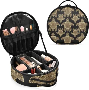 Gold Sea Turtle in Indigenous Tribal Polynesian Maori Tattoo on Dark Women's Portable Round Makeup Bag with Handle, Cosmetic Bag, Adjustable Dividers, Travel Cosmetic Storage 11 x 3.5 x 10 inch