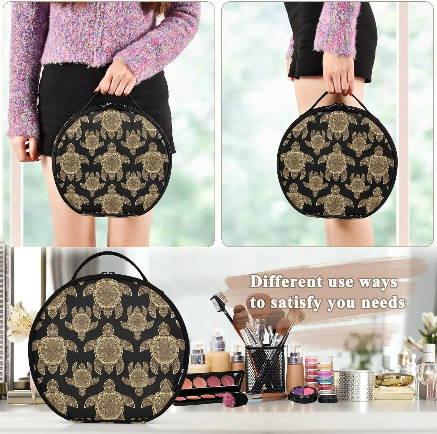 Gold Sea Turtle in Indigenous Tribal Polynesian Maori Tattoo on Dark Women's Portable Round Makeup Bag with Handle, Cosmetic Bag, Adjustable Dividers, Travel Cosmetic Storage 11 x 3.5 x 10 inch