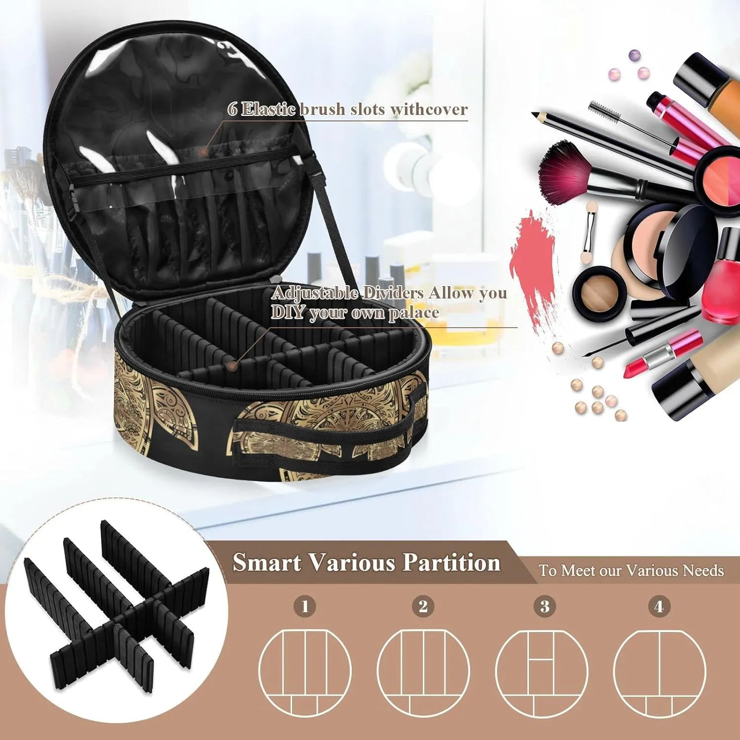 Gold Sea Turtle in Indigenous Tribal Polynesian Maori Tattoo on Dark Women's Portable Round Makeup Bag with Handle, Cosmetic Bag, Adjustable Dividers, Travel Cosmetic Storage 11 x 3.5 x 10 inch