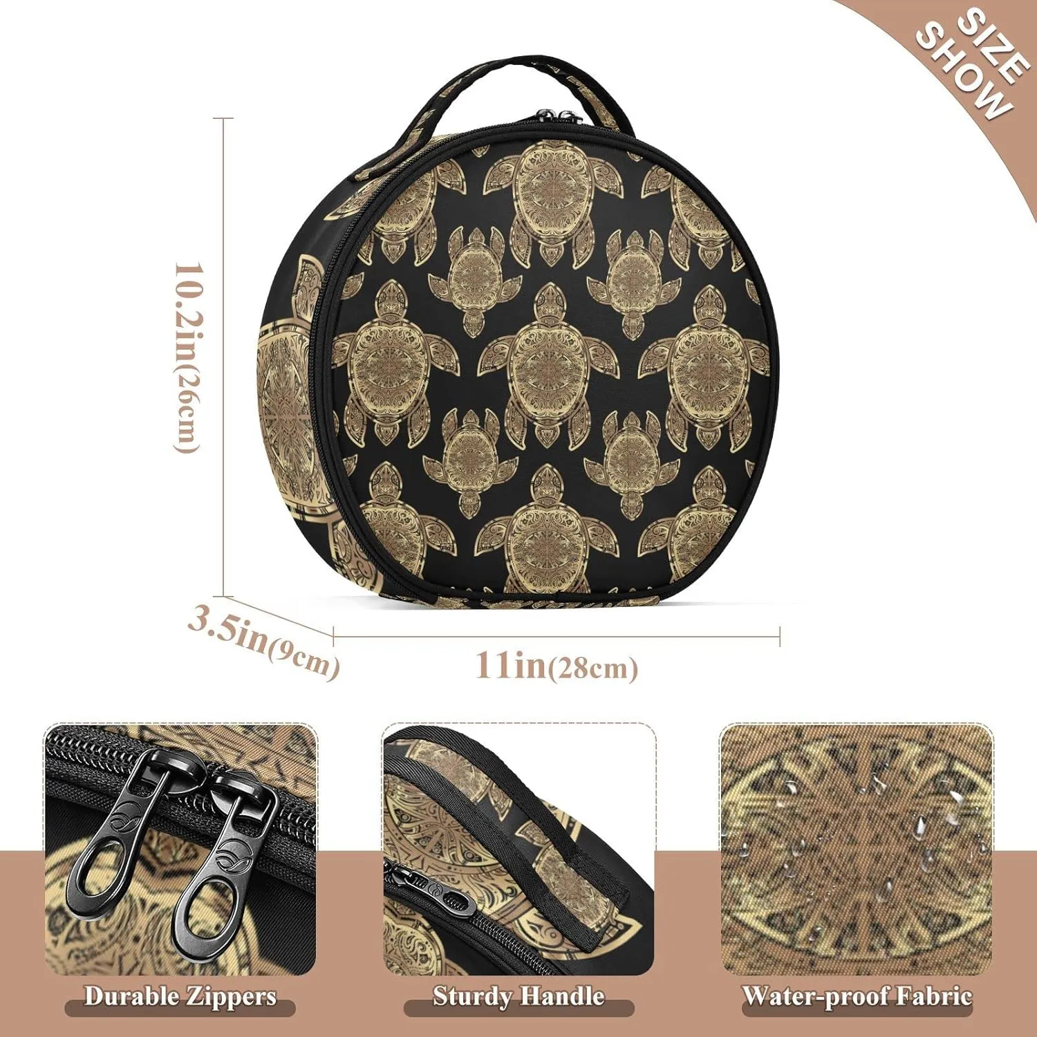 Gold Sea Turtle in Indigenous Tribal Polynesian Maori Tattoo on Dark Women's Portable Round Makeup Bag with Handle, Cosmetic Bag, Adjustable Dividers, Travel Cosmetic Storage 11 x 3.5 x 10 inch