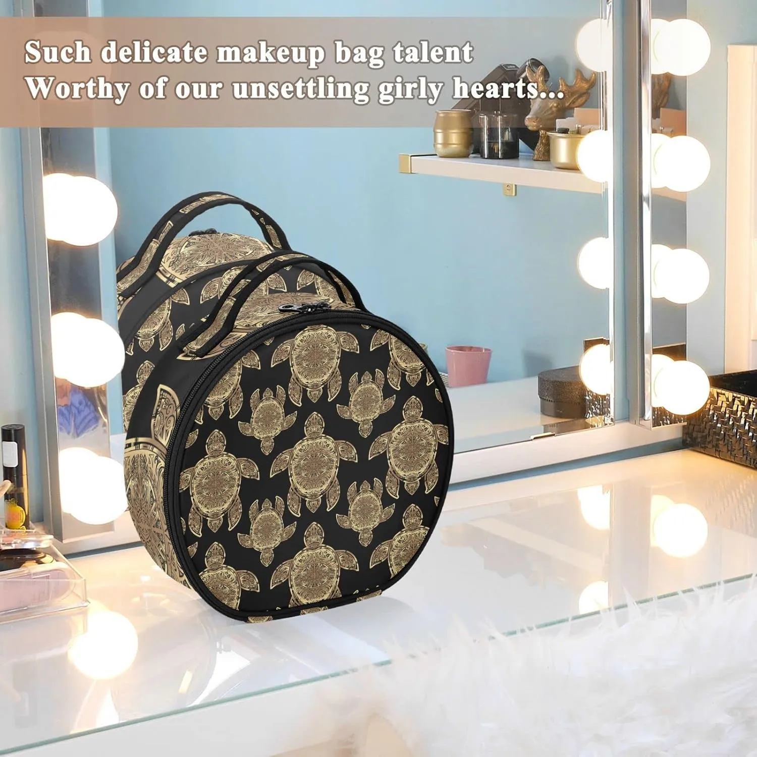 Gold Sea Turtle in Indigenous Tribal Polynesian Maori Tattoo on Dark Women's Portable Round Makeup Bag with Handle, Cosmetic Bag, Adjustable Dividers, Travel Cosmetic Storage 11 x 3.5 x 10 inch