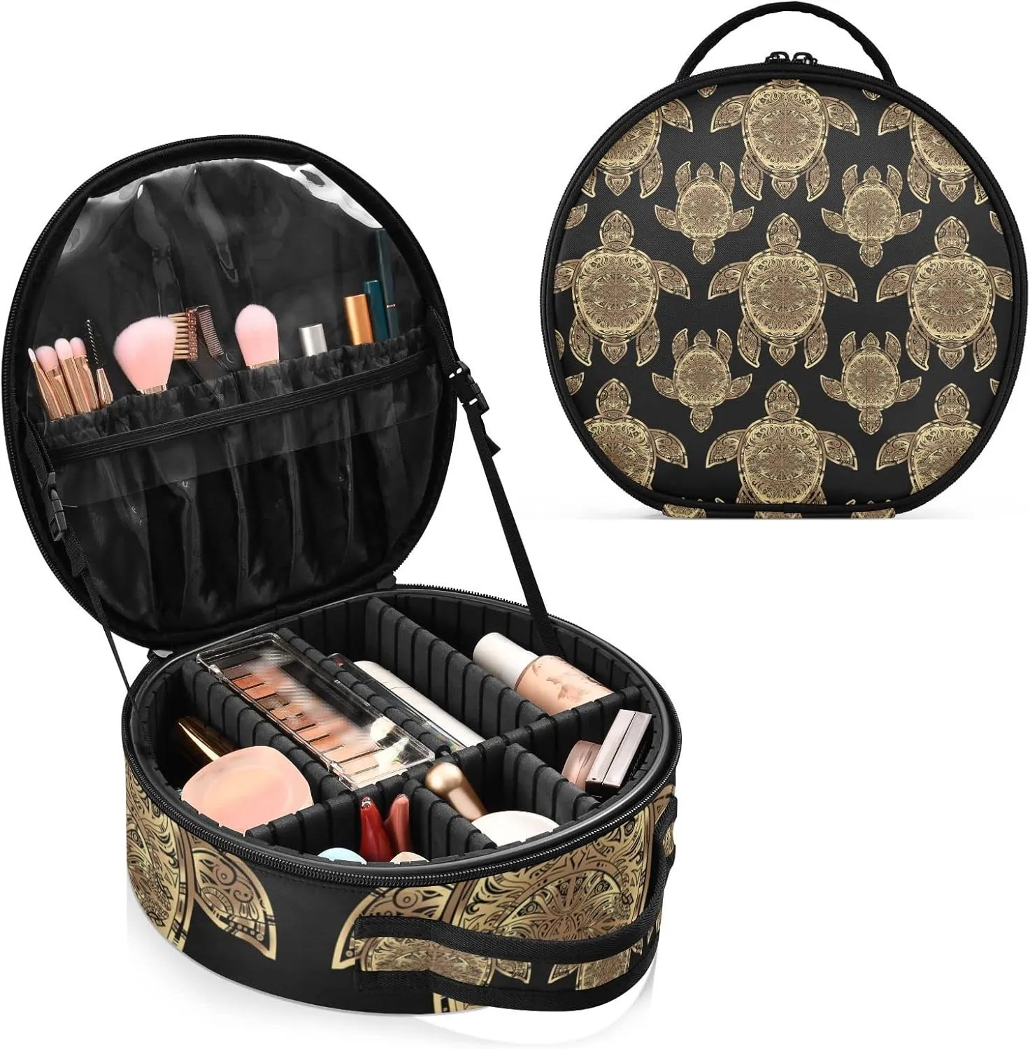 Gold Sea Turtle in Indigenous Tribal Polynesian Maori Tattoo on Dark Women's Portable Round Makeup Bag with Handle, Cosmetic Bag, Adjustable Dividers, Travel Cosmetic Storage 11 x 3.5 x 10 inch