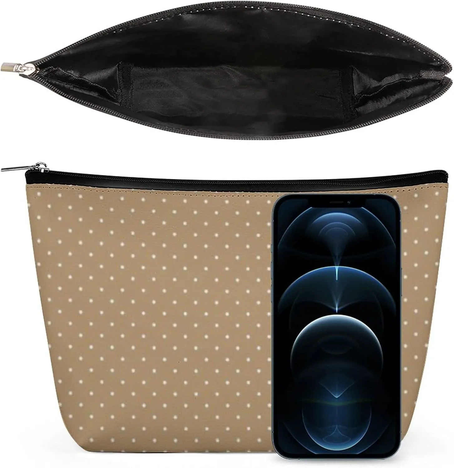 Gold with White Dots Cosmetic Bag, Travel Portable Makeup Bag for Purse Pouch Beauty Zipper Organizer Toiletry Bag for Women