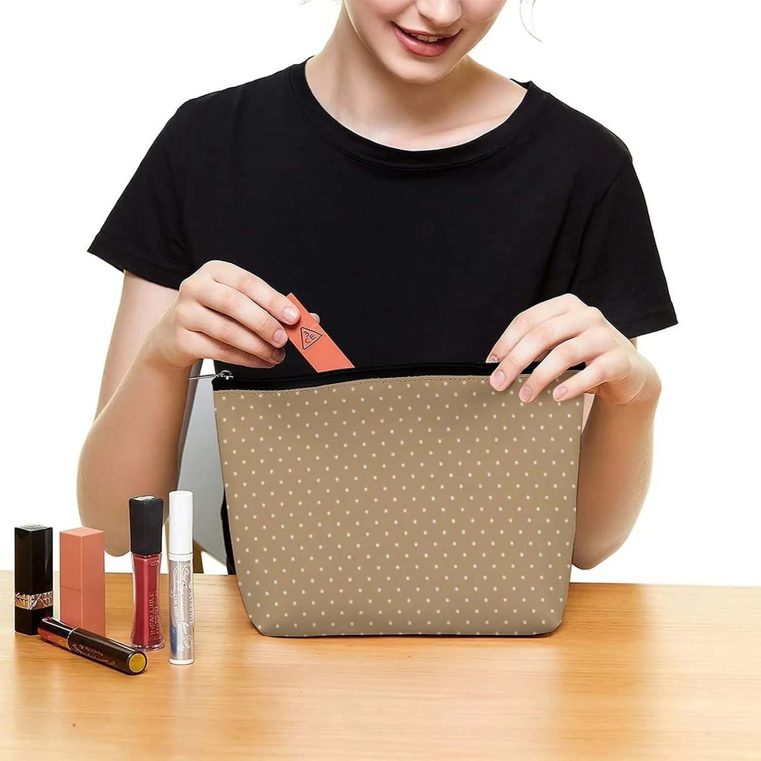 Gold with White Dots Cosmetic Bag, Travel Portable Makeup Bag for Purse Pouch Beauty Zipper Organizer Toiletry Bag for Women