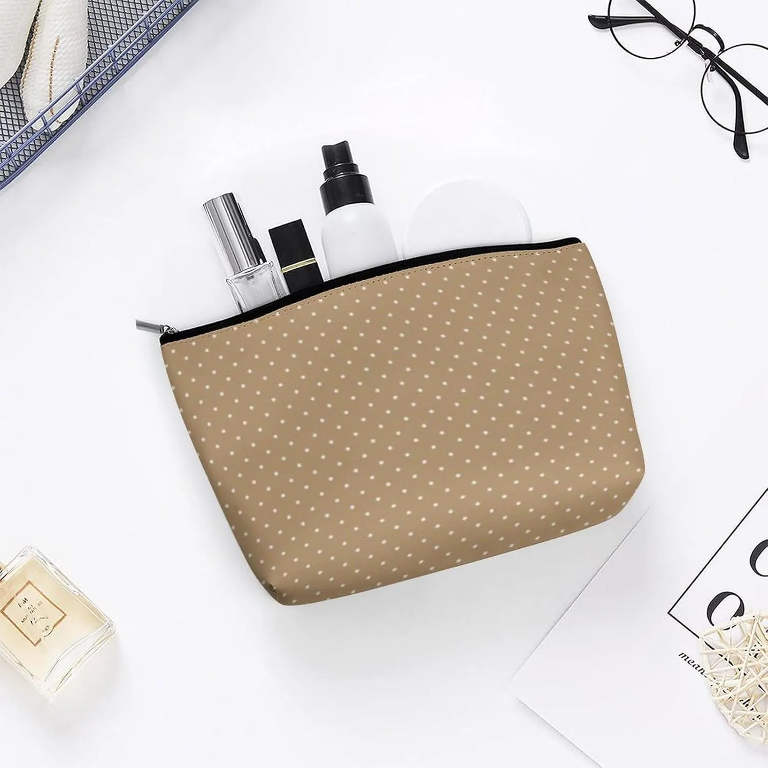 Gold with White Dots Cosmetic Bag, Travel Portable Makeup Bag for Purse Pouch Beauty Zipper Organizer Toiletry Bag for Women