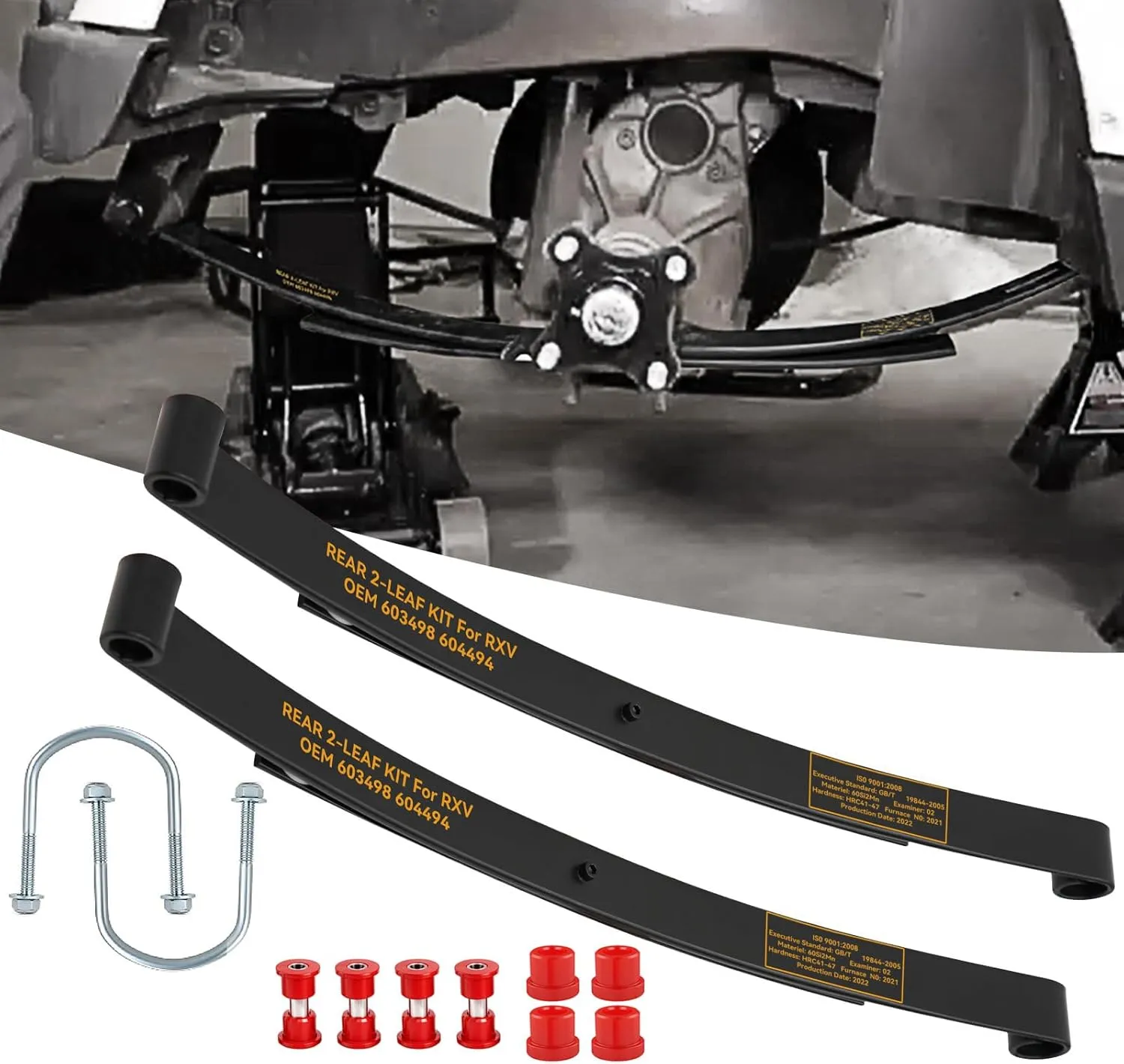 Golf Cart Rear Spring Kit for EZGO RXV 2008-Present, Heavy Duty 2- Leaf Rear Spring Kit with Bushing & Sleeves for E-Z GO RXV Golf Cart 2008 and Up