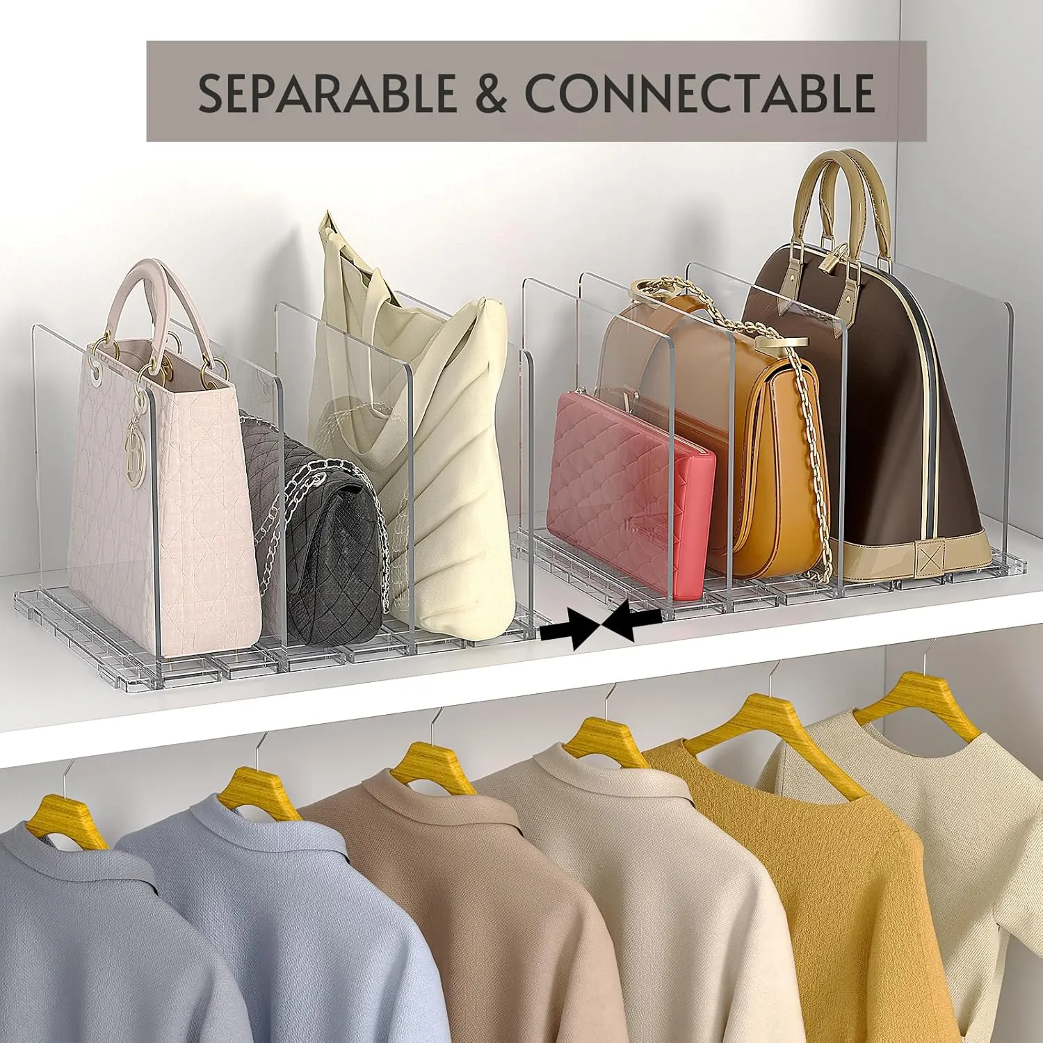 GoMaihe Bag & Purse Organizer for Closet: 4 Sets Adjustable Clear Handbag Storage Shelf - Plastic Clutch Dividers | Minimal | Keep Purses upright