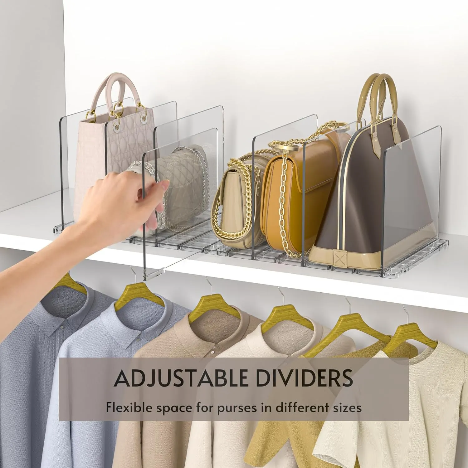 GoMaihe Bag & Purse Organizer for Closet: 4 Sets Adjustable Clear Handbag Storage Shelf - Plastic Clutch Dividers | Minimal | Keep Purses upright