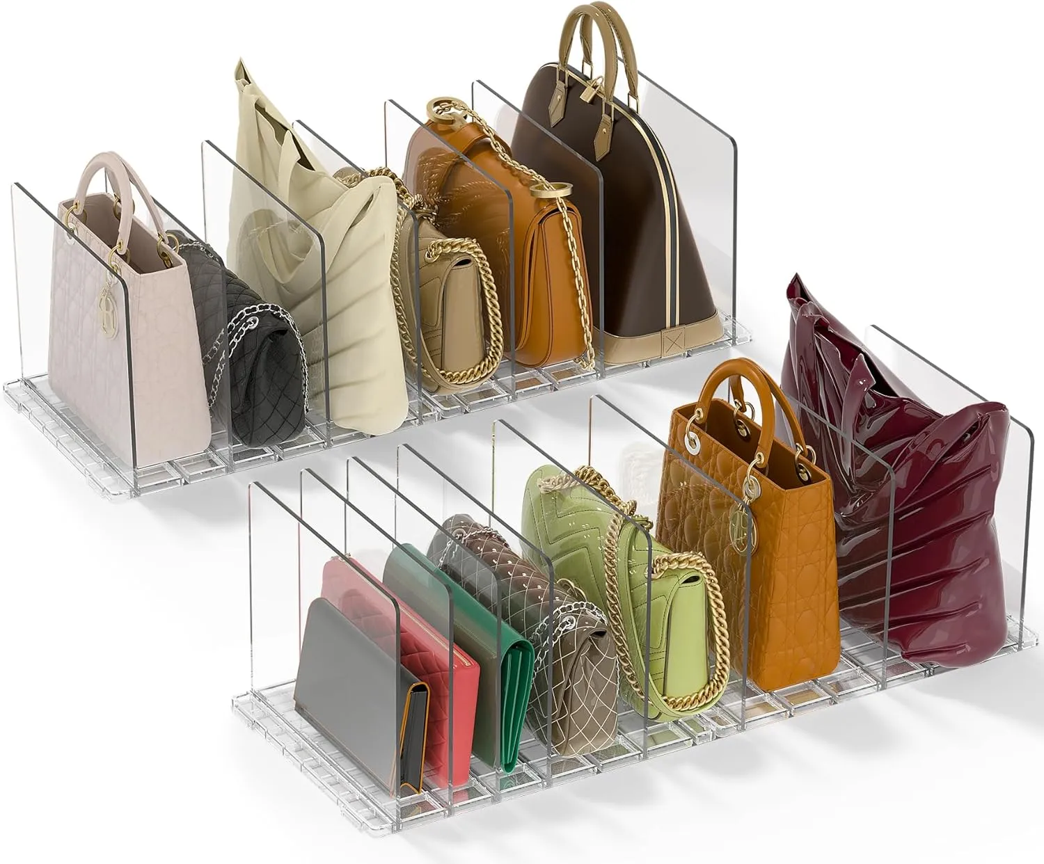 GoMaihe Bag & Purse Organizer for Closet: 4 Sets Adjustable Clear Handbag Storage Shelf - Plastic Clutch Dividers | Minimal | Keep Purses upright