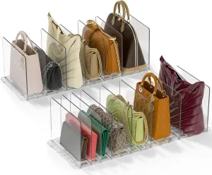 GoMaihe Bag & Purse Organizer for Closet: 4 Sets Adjustable Clear Handbag Storage Shelf - Plastic Clutch Dividers | Minimal | Keep Purses upright