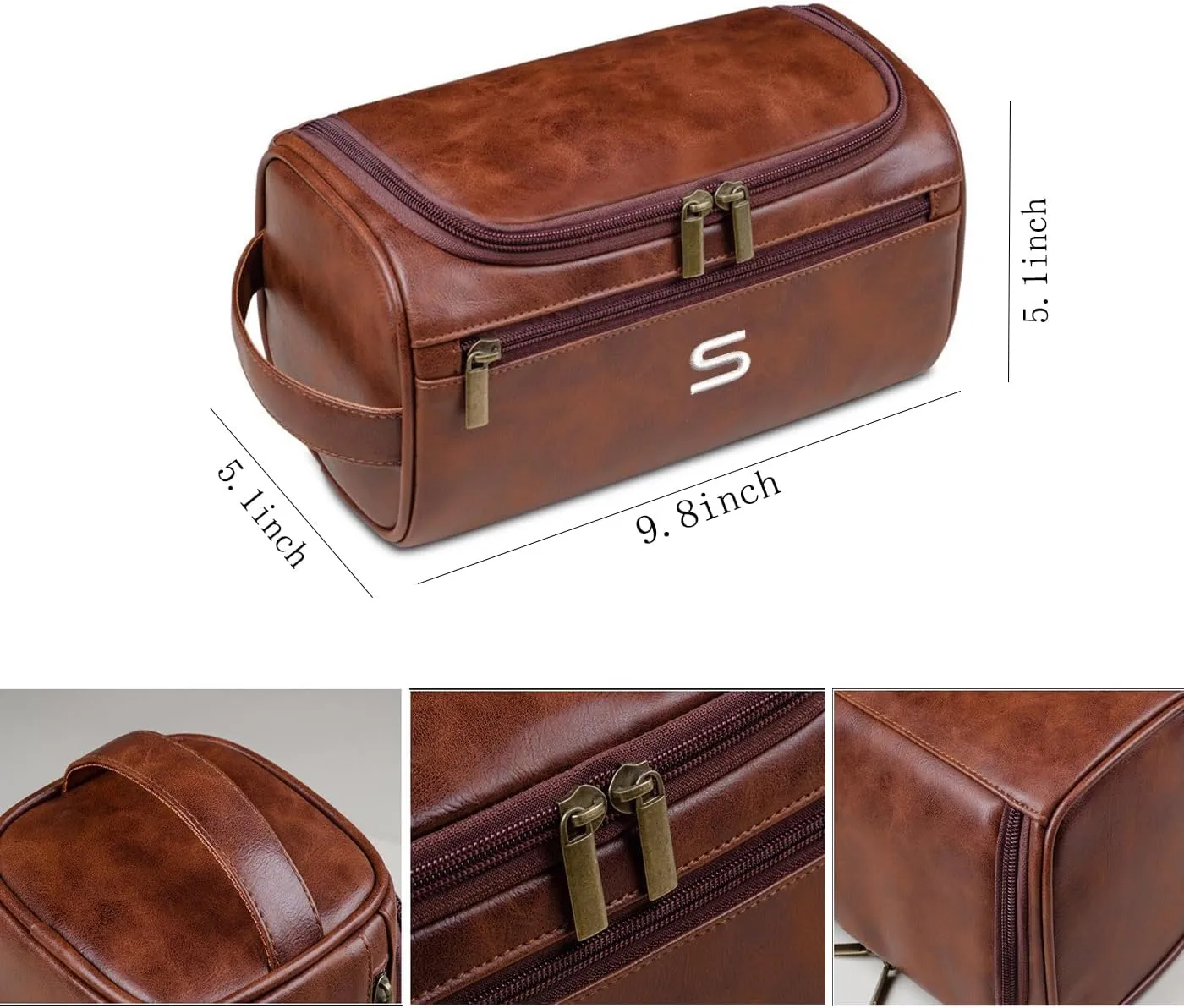 GOPHIE Personalized Embroidered Men's Leather Toiletry Bag,Travel Toiletry Bag for Men,PU Leather Waterproof Travel Shaving Dopp Kit (1, Dark Brown)