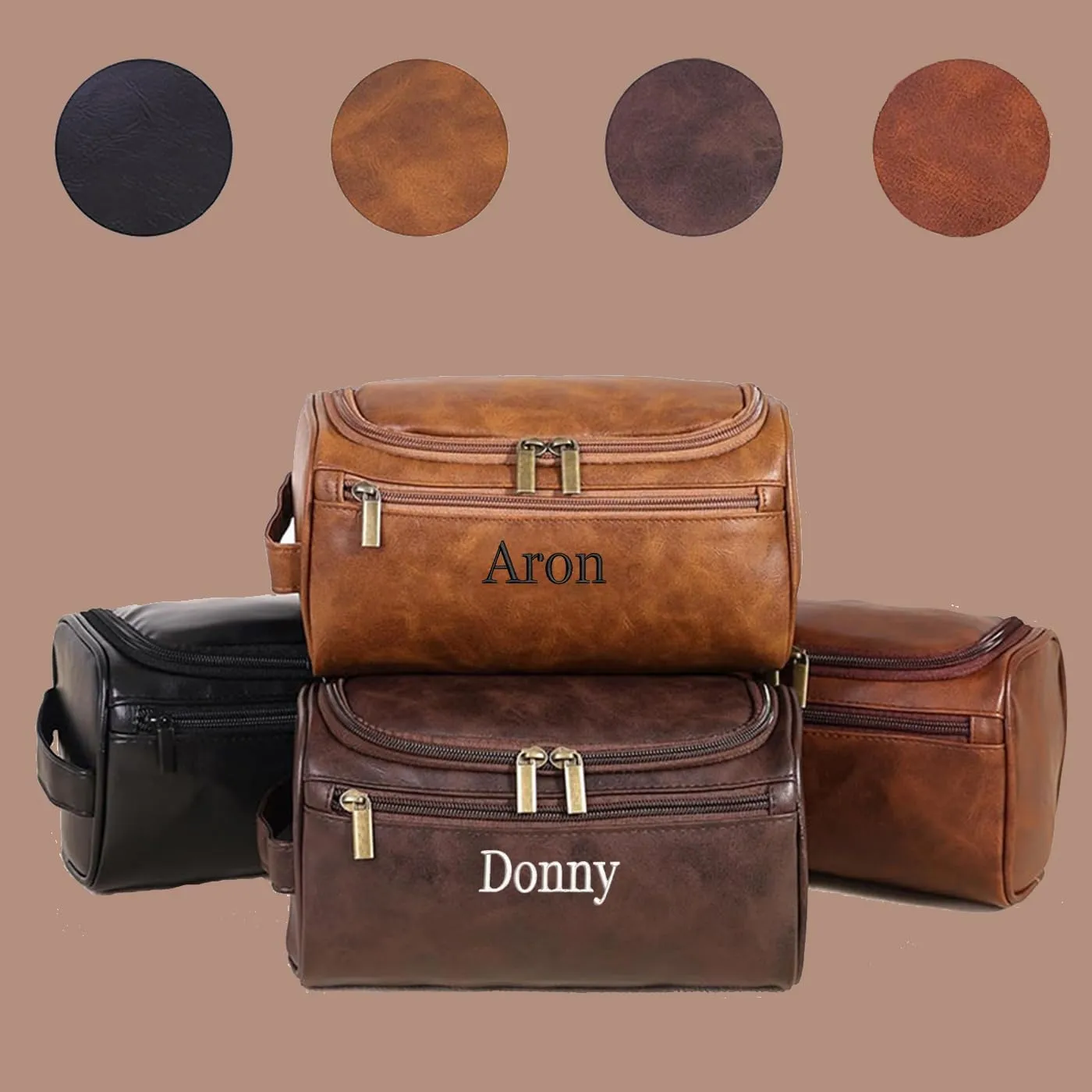GOPHIE Personalized Embroidered Men's Leather Toiletry Bag,Travel Toiletry Bag for Men,PU Leather Waterproof Travel Shaving Dopp Kit (1, Dark Brown)