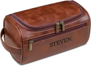 GOPHIE Personalized Embroidered Men's Leather Toiletry Bag,Travel Toiletry Bag for Men,PU Leather Waterproof Travel Shaving Dopp Kit (1, Dark Brown)
