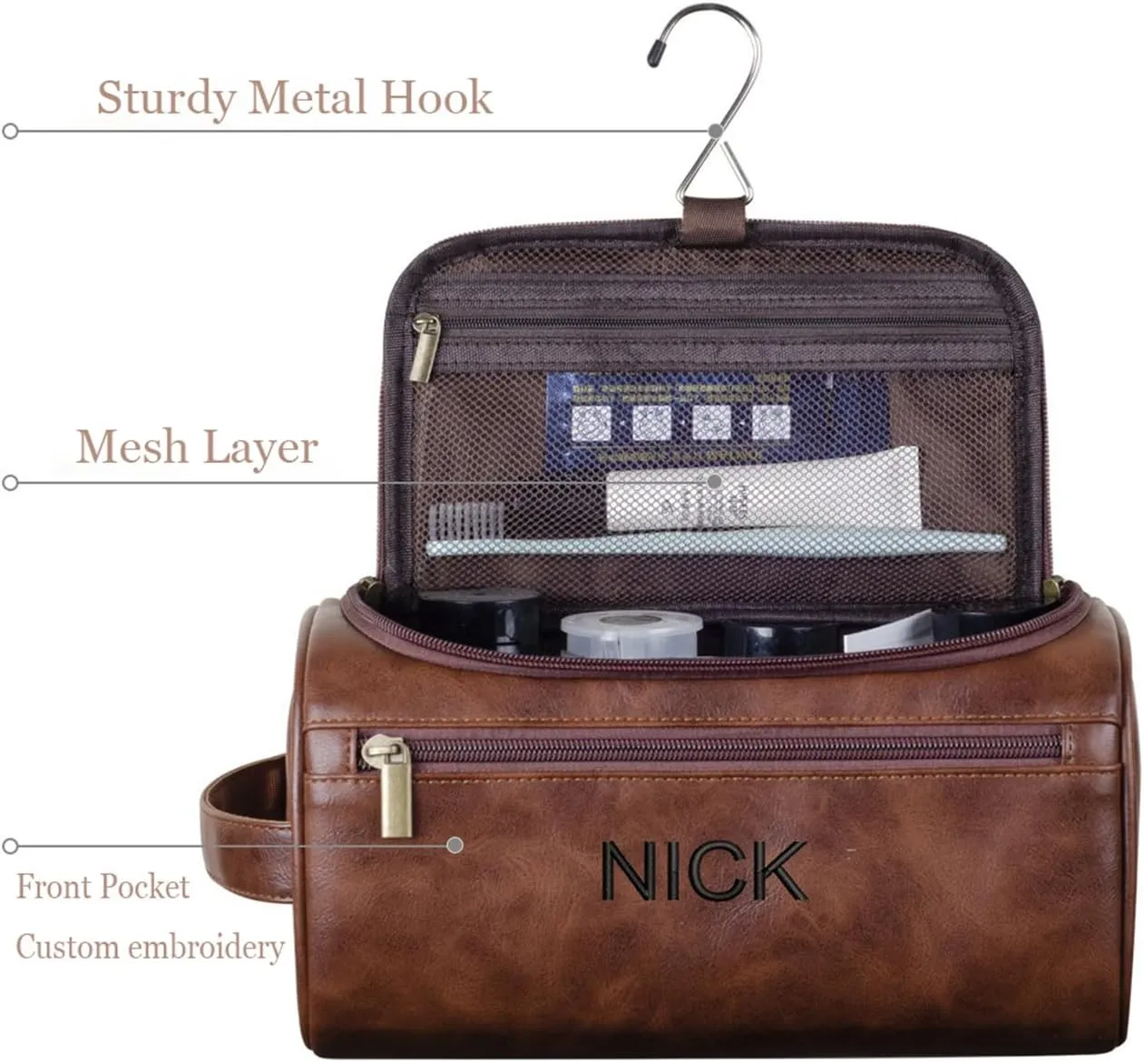 GOPHIE Personalized Embroidered Men's Leather Toiletry Bag,Travel Toiletry Bag for Men,PU Leather Waterproof Travel Shaving Dopp Kit (1, Dark Brown)