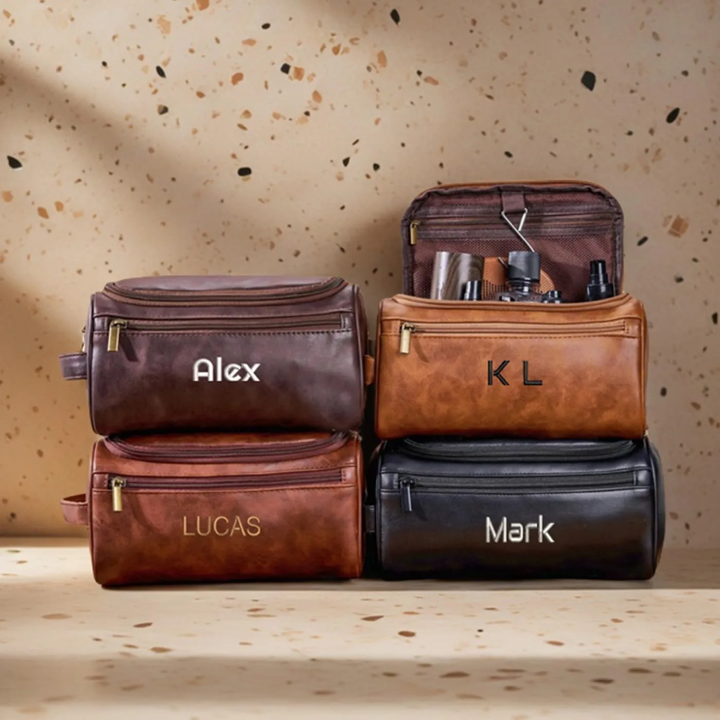 GOPHIE Personalized Embroidered Men's Leather Toiletry Bag,Travel Toiletry Bag for Men,PU Leather Waterproof Travel Shaving Dopp Kit (1, Dark Brown)
