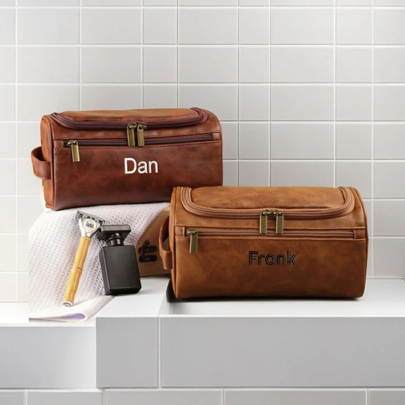 GOPHIE Personalized Embroidered Men's Leather Toiletry Bag,Travel Toiletry Bag for Men,PU Leather Waterproof Travel Shaving Dopp Kit (1, Dark Brown)