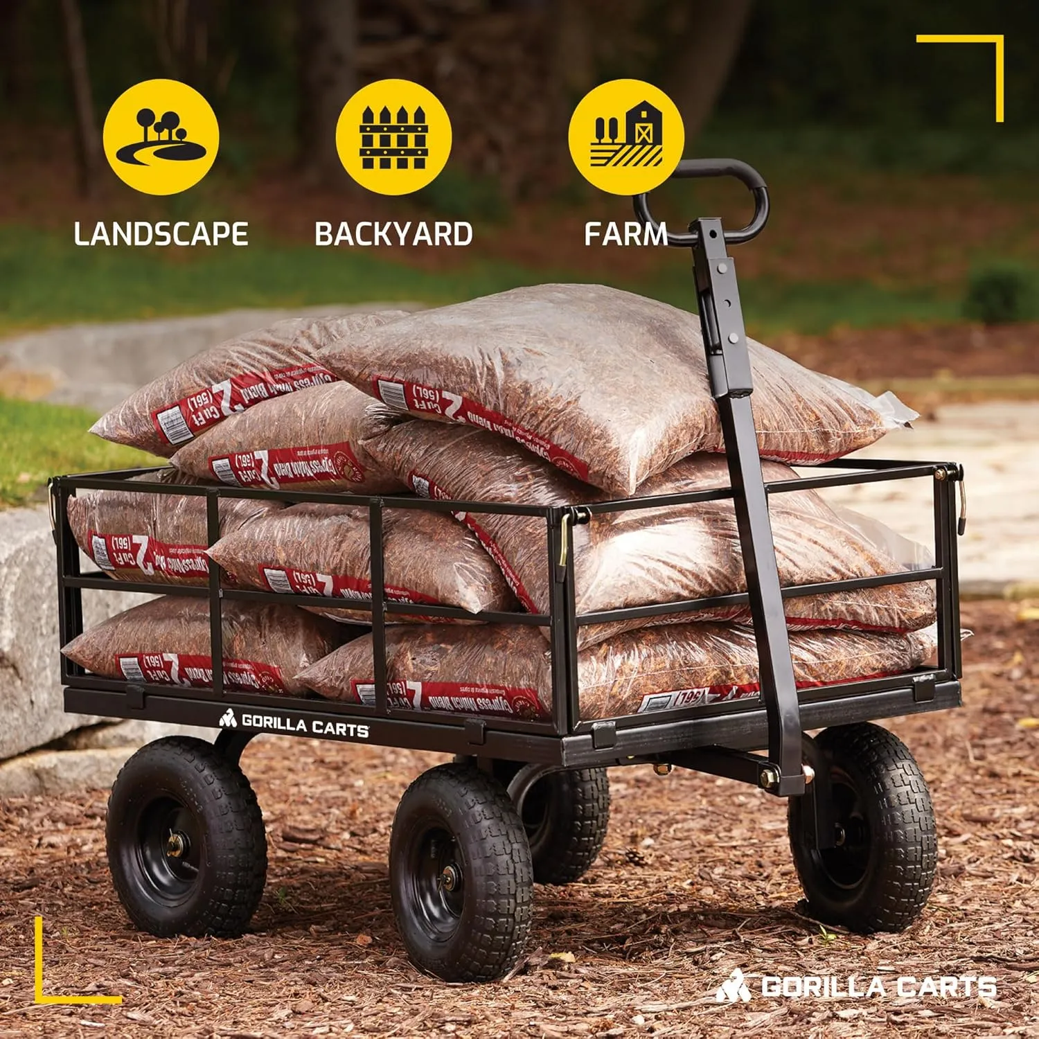 Gorilla Carts Steel Utility Wagon w/Removable Side Panels, 1200 lb Capacity, Black - Outdoor Flatbed Cart with 46" x 30" Metal Mesh Bed and All-Terrain Wheels for Garden, Lawn & Landscaping