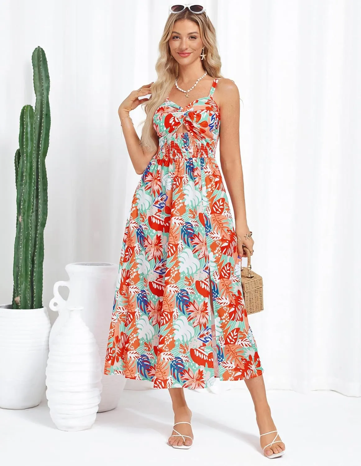 GRACE KARIN 2025 Women's Summer Spaghetti Strap Maxi Dress Smocked Floral Dress Sleeveless Boho Beach Sundress with Pockets