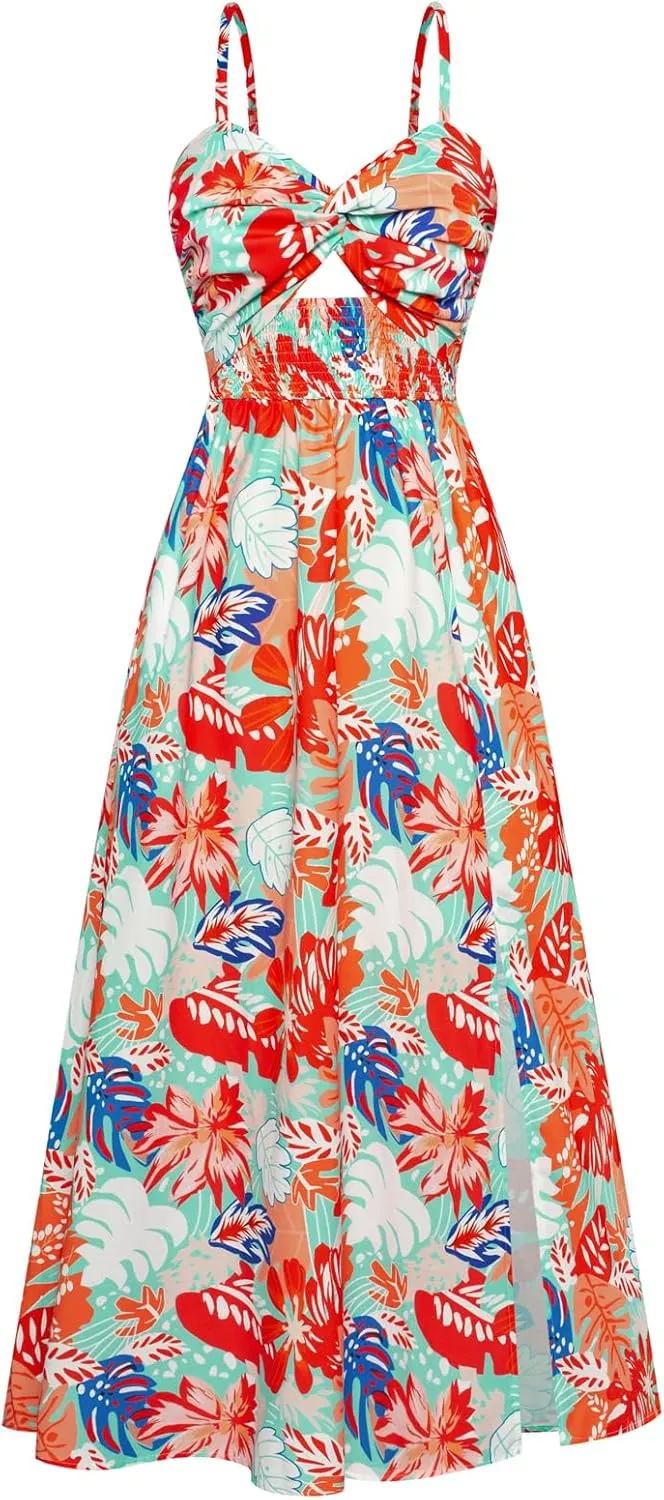 GRACE KARIN 2025 Women's Summer Spaghetti Strap Maxi Dress Smocked Floral Dress Sleeveless Boho Beach Sundress with Pockets