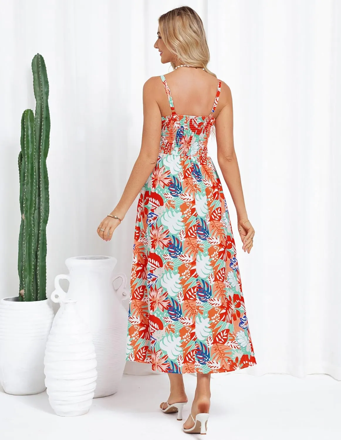 GRACE KARIN 2025 Women's Summer Spaghetti Strap Maxi Dress Smocked Floral Dress Sleeveless Boho Beach Sundress with Pockets