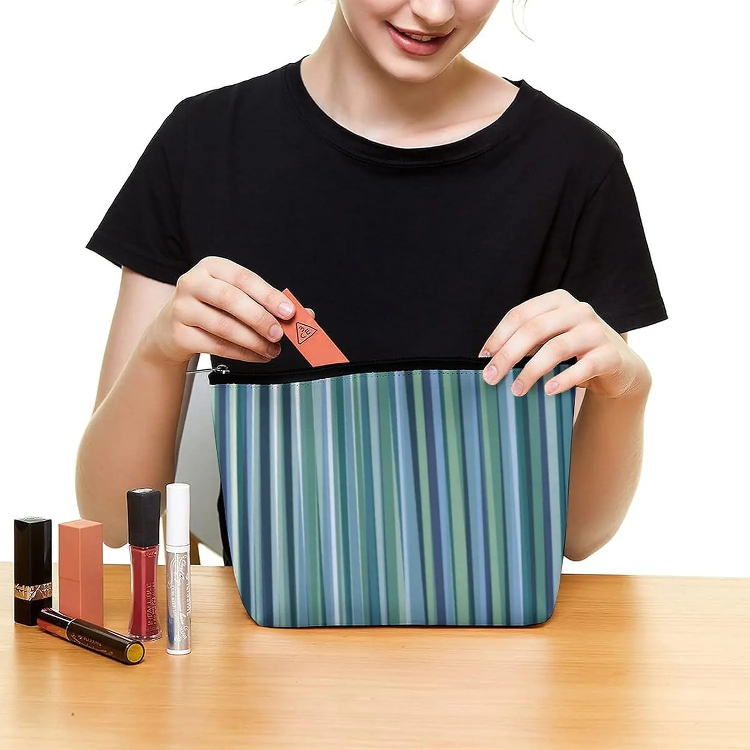 Green and Blue Stripe Modern Cosmetic Bag, Travel Portable Makeup Bag for Purse Pouch Beauty Zipper Organizer Toiletry Bag for Women