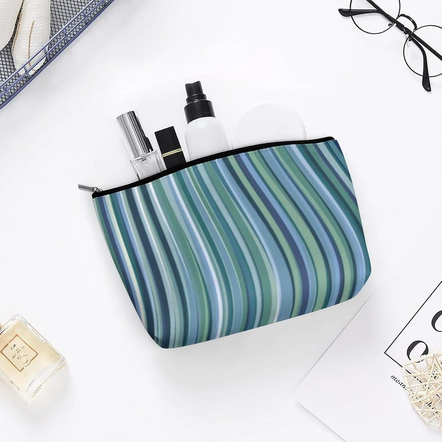 Green and Blue Stripe Modern Cosmetic Bag, Travel Portable Makeup Bag for Purse Pouch Beauty Zipper Organizer Toiletry Bag for Women