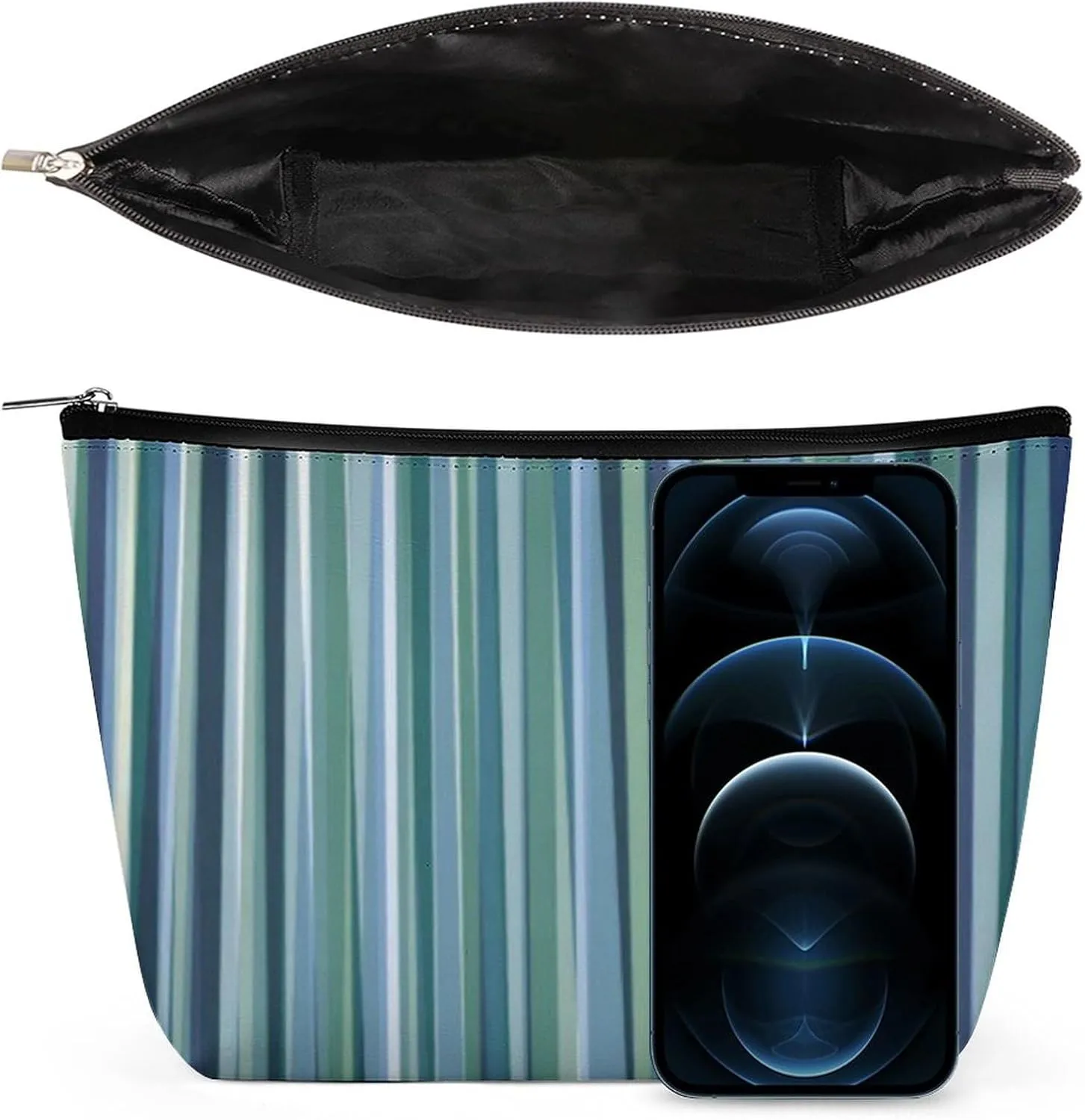 Green and Blue Stripe Modern Cosmetic Bag, Travel Portable Makeup Bag for Purse Pouch Beauty Zipper Organizer Toiletry Bag for Women