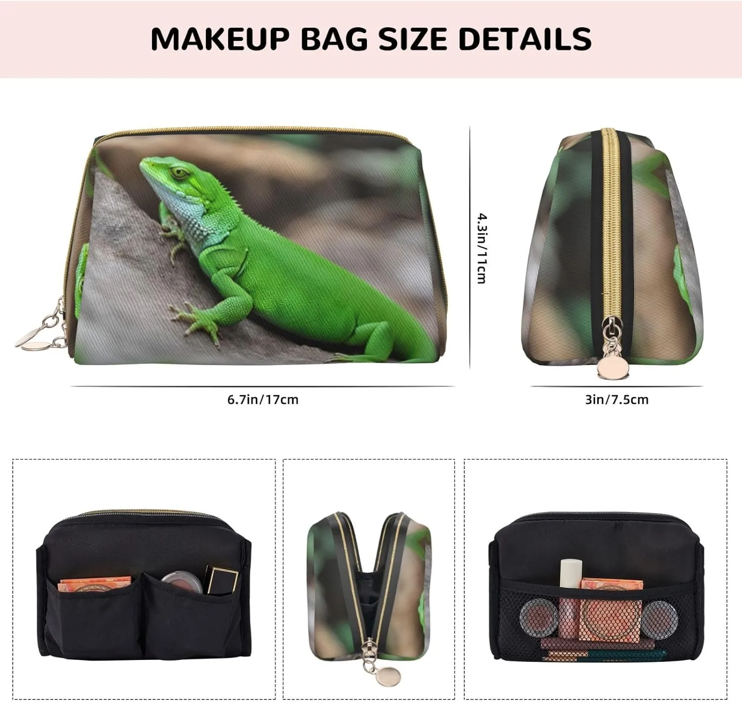Green Lizard Leather Toiletry Travel Bag, Compact Makeup Organizer For Women