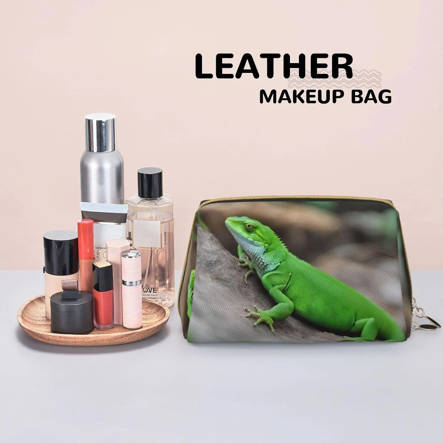Green Lizard Leather Toiletry Travel Bag, Compact Makeup Organizer For Women
