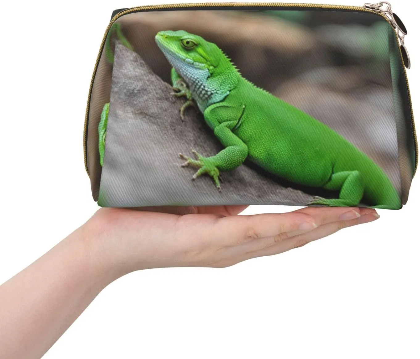 Green Lizard Leather Toiletry Travel Bag, Compact Makeup Organizer For Women