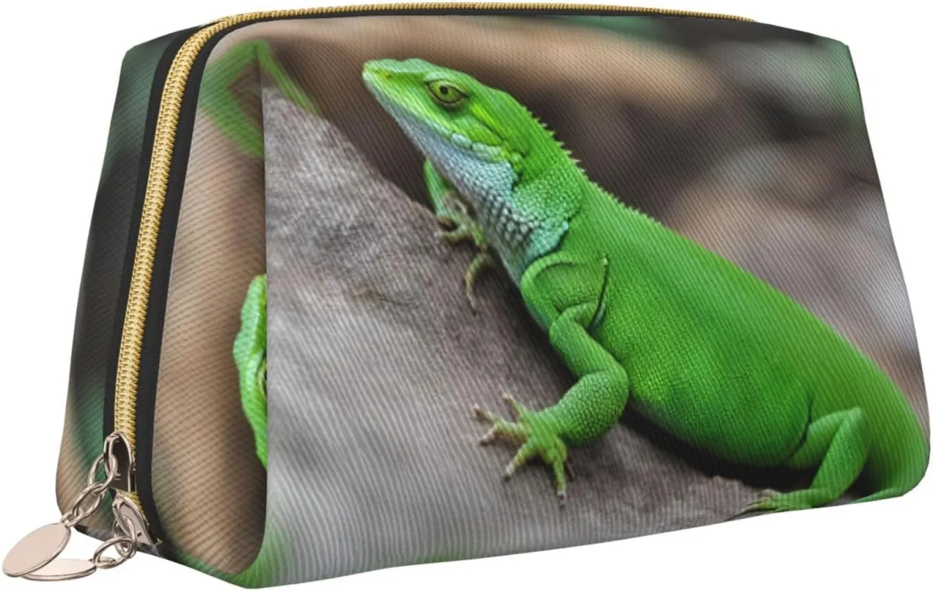 Green Lizard Leather Toiletry Travel Bag, Compact Makeup Organizer For Women