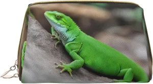 Green Lizard Leather Toiletry Travel Bag, Compact Makeup Organizer For Women