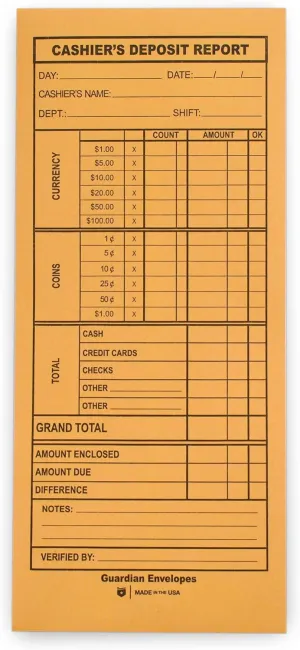 Guardian Cashier Deposit Report Envelopes with Gummed Flaps, Pack of 500 Cash Drop Envelopes – Cash Register for Small Businesses – Cashier Register for Retailers & Restaurants – Brown Kraft Envelope